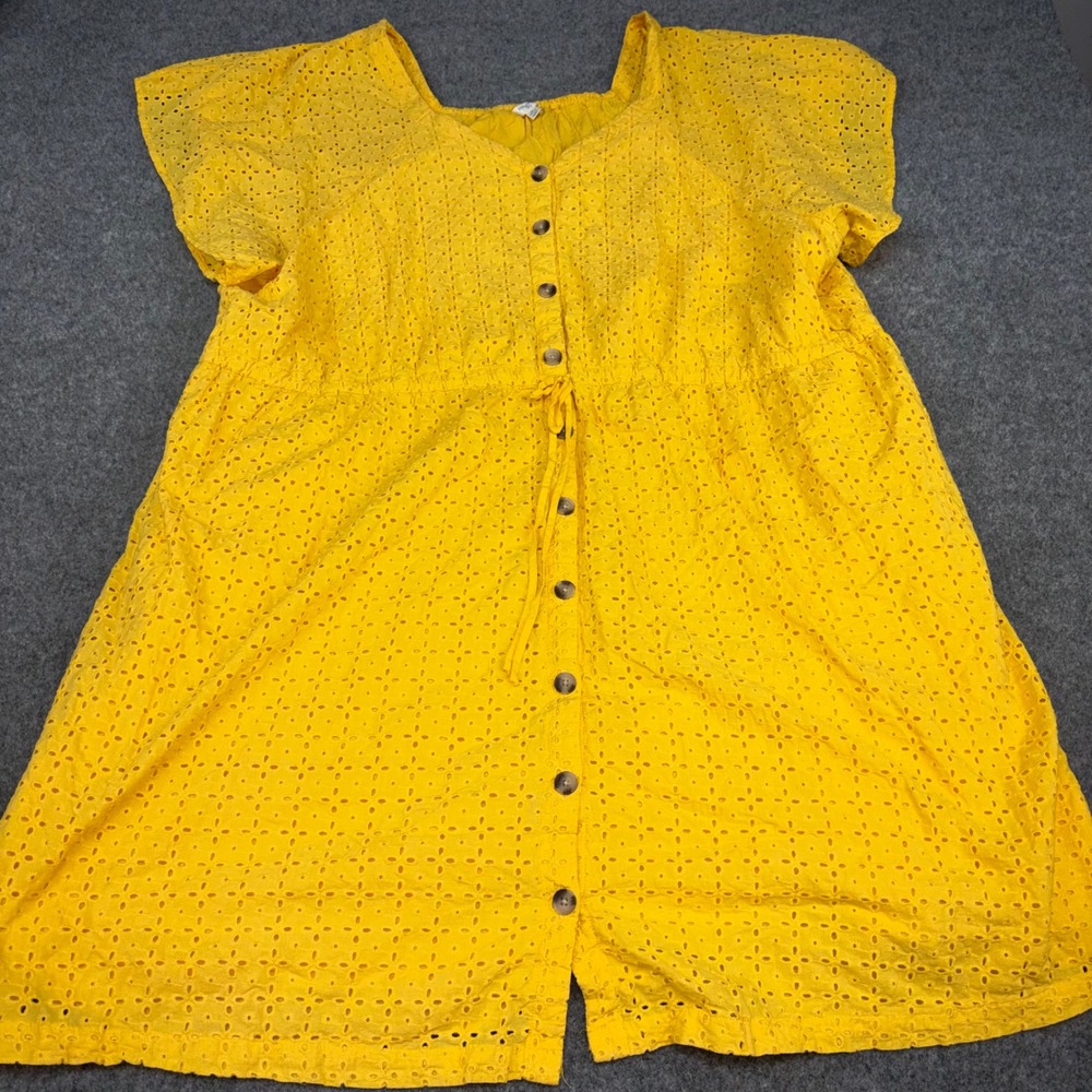 Terra & Sky Eyelet Dress Womens 4X Yellow Button Front Short Sleeve Cotton Boho